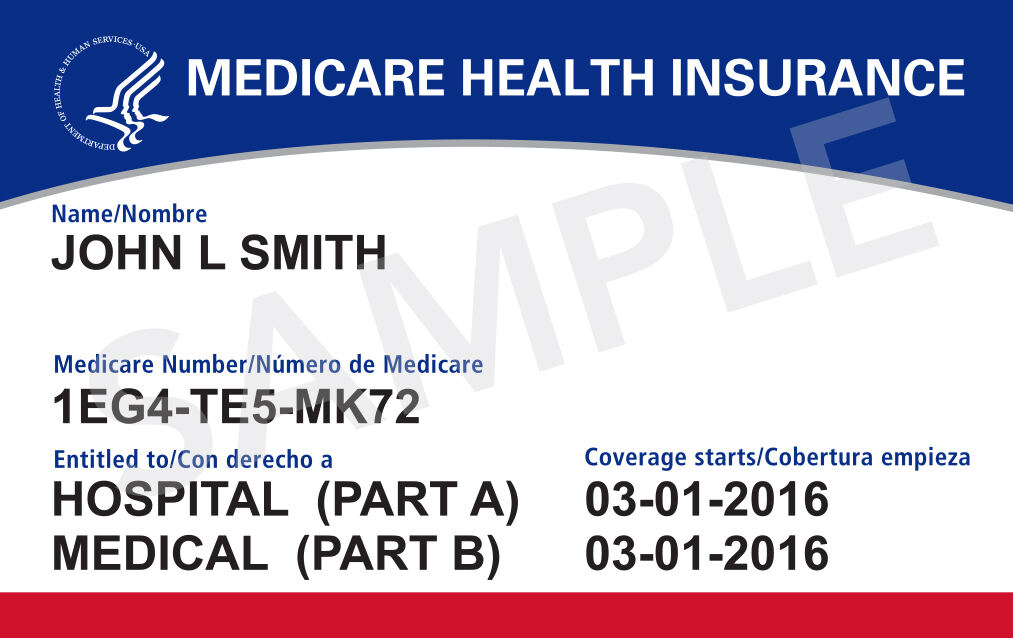 美国 Medicare 医保卡样本（medicare.gov 公开示例，Wikimedia Commons）